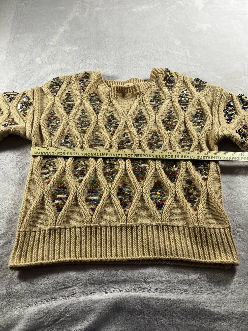 Bibi Beige Cable Knit Sweater with Multicolor Inset Multicolor Sequins Size XL - Picture 8 of 15